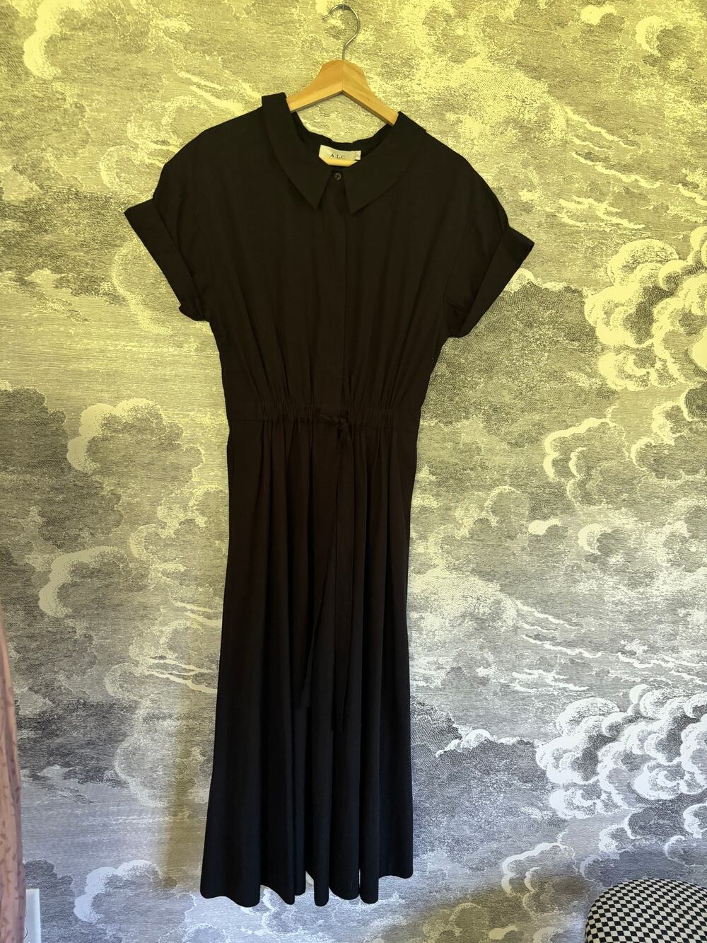ALC Black Percale Cotton Dress Pleats belt Peter Pan collar Worn Once Size 2
